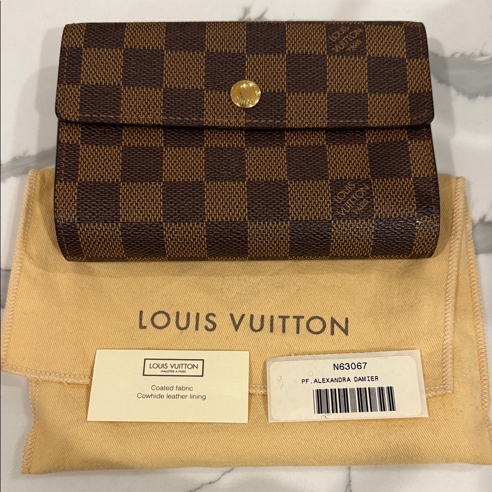 Louis Vuitton Damier Alexandra Checkered Wallet with Gold Button